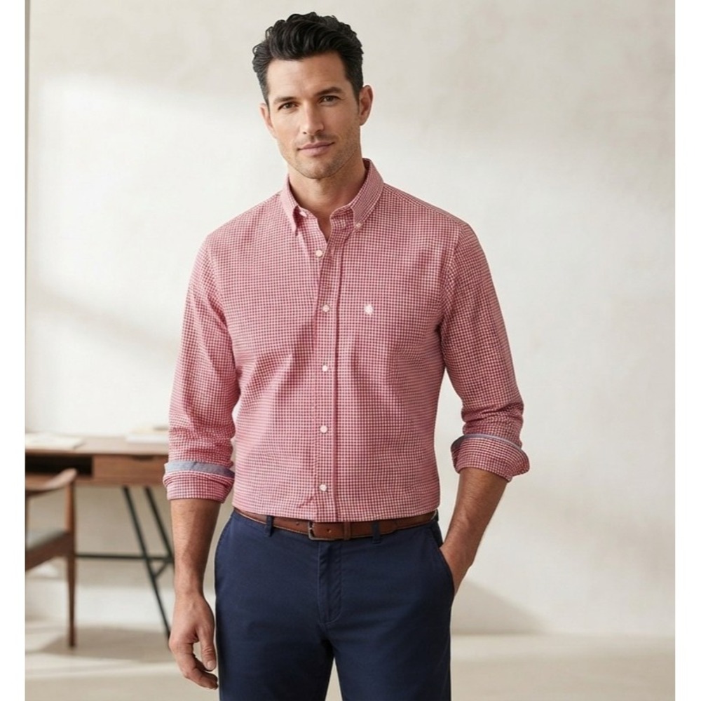 Peter Millar Summer Comfort Shirt Mens L Red White Gingham Check Long Sleeve